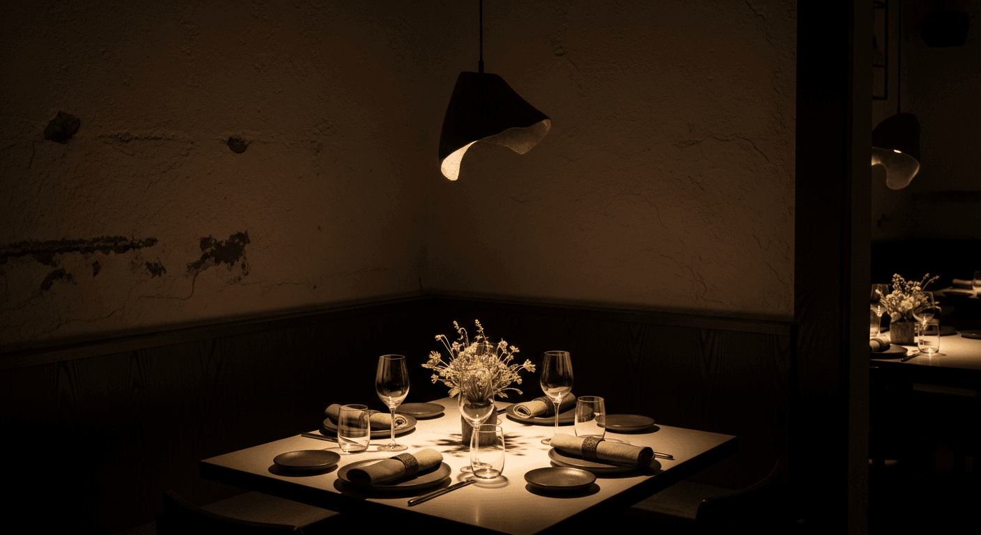 A restaurant table, set for the evening